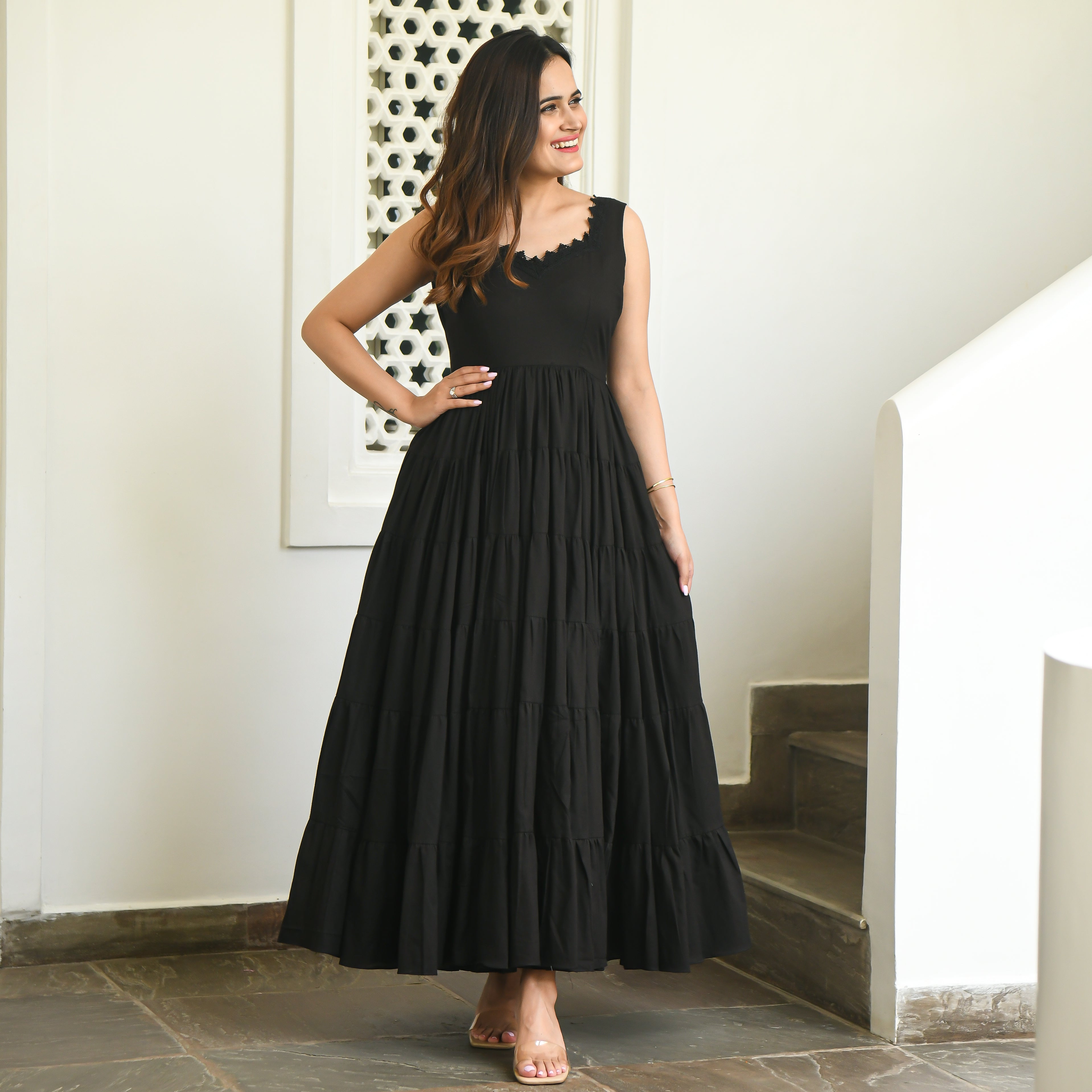 Stygian Designer Cotton Black Tiered Dress For Women Online